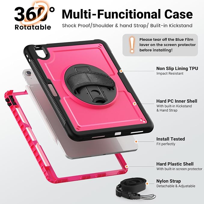SCSVPN Kids Case for iPad Air 11 Inch M4 2026 / M3 2025 / M2 2024 Heavy Duty Shockproof Silicone Protective Case with Pencil Holder-Screen Protector-Rotating Stand-Handle-Shoulder Strap (Blue+Red)