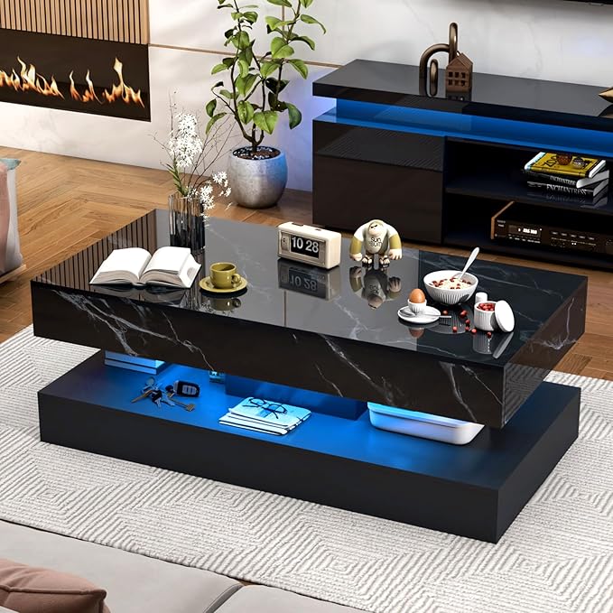47.2" Large High-Glossy LED Coffee Table with 2 Sliding Drawers, Living Room Storage Coffee Tables with Marbling Print, Modern Stylish Double-Layer Center Tables w/LED Lights, Black