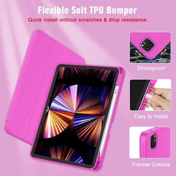 New iPad Pro 11 Inch Case 2022(4th Gen)/2021(3rd Gen)/2020(2nd Gen) with Pencil HolderSmart iPad Case [Support Touch ID and Auto Wake/Sleep] with Auto 2nd Gen Pencil Charging (Deep Pink)