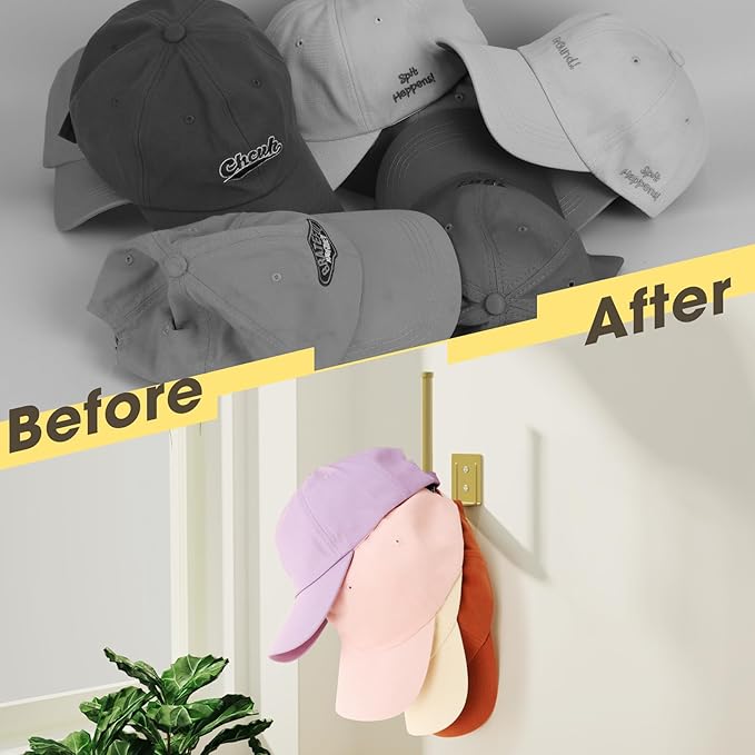 Durmmur 2 Pack Hat Racks for Baseball Caps, Stainless Steel Hat Organizer for Baseball Cap, Hat Holder Storage Organizer, Hat Hanger Strong Adhesive/Wall Drilled for Door, Bedroom, Closet(Gold 6 in)