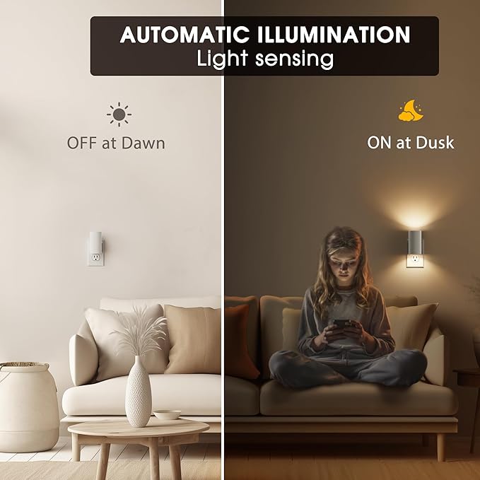 Briignite Night Lights Plug into Wall, Modern LED Night Light Plug in, Dusk to Dawn Sensor, Soft White 3000K, 0-100LM Adjustable Brightness, Dimmable NightLight for Hallway, Bedroom, Stairway, 4 Pack