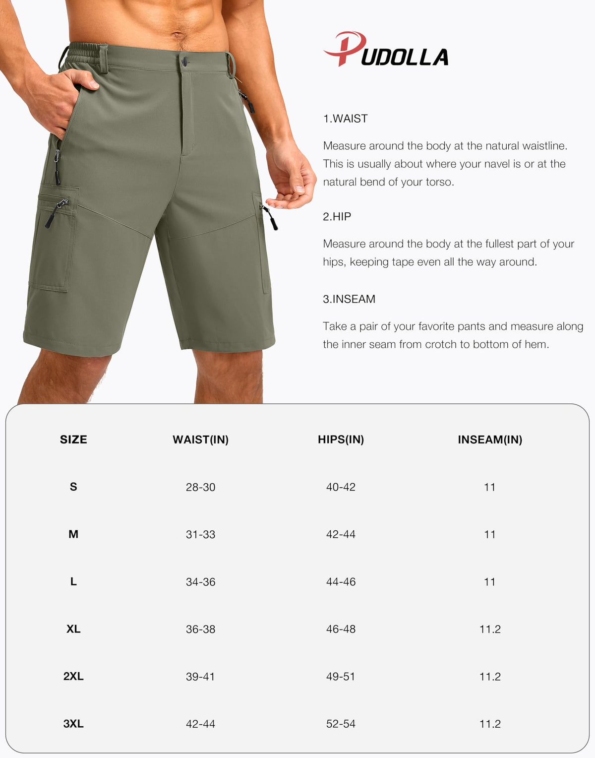 Pudolla Men's Hiking Shorts 11" Lightweight Cargo Work Shorts for Men Summer Travel Golf Casual Outdoor with 5 Pockets(Black Small)