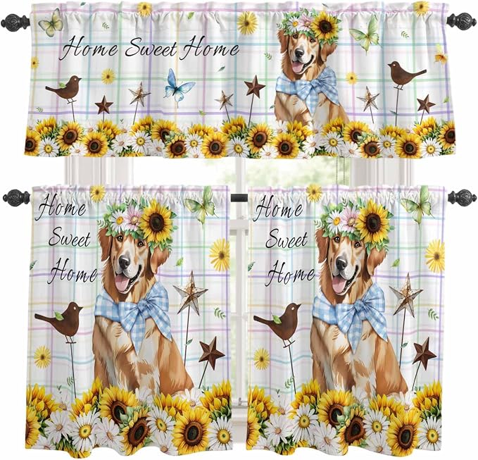 Kitchen Curtains Tiers and Valance Set of 3, Sunflowers Dog Light Filtering