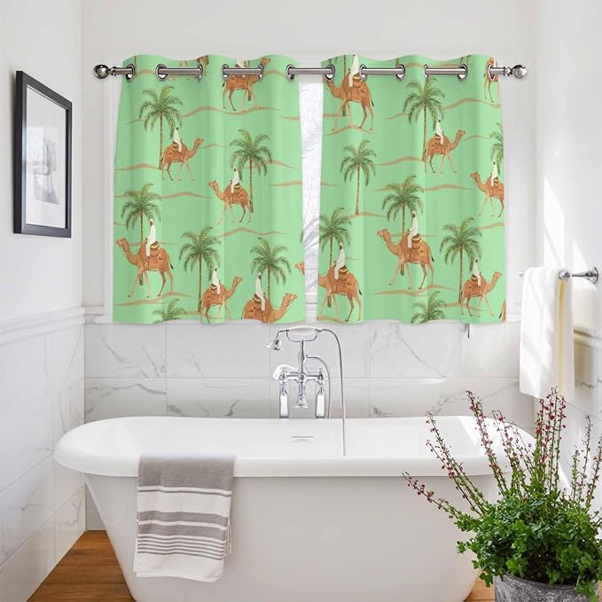 2 Panel Kitchen Cafe Curtains, Desert Camels Sunlight Filtering Nature Air
