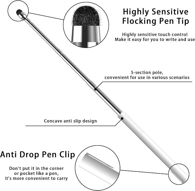 Universal Telescopic Stylus Pen for Touch Screens Retractable Pointer Stick Stylus with Special Flocking Tip Pointers for Classroom Pointer Finger Stick Anti Slip Pen Clip Black