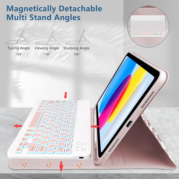for Bluetooth Keyboard for iPad 10th Gen 10.9 inch (2022) case (A16) 11th / 10th Gen Case 11'' (2025) with 7-Color Backlights Pencil Holder Detachable Rechargeable - Black Cow