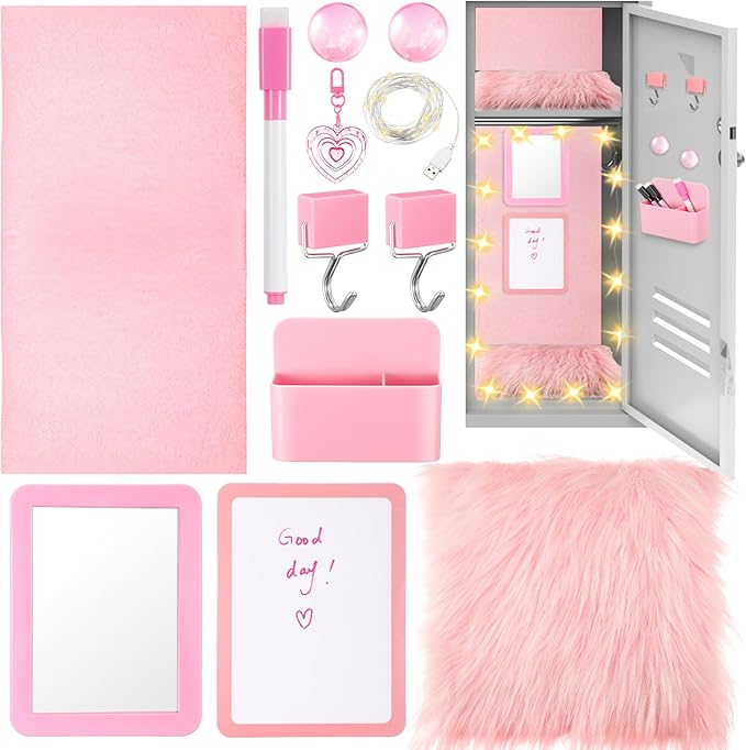 12 Pcs Locker Accessories Kit Magnetic Mirror Whiteboard Pen Holder Magnet Hook Locker Wallpaper Rug Keychain Marker String Light for Back to School Essentials Decorations(Pink)