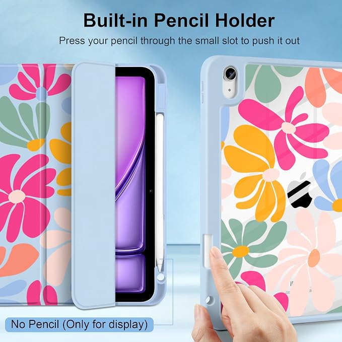 MecBevia Case for iPad Air 11-inch M4 2026 / M3 2025 / M2 2024 | Built-in Pencil Holder Shockproof Clear Hard Back Trifold Stand Auto Wake/Sleep Blue Bow