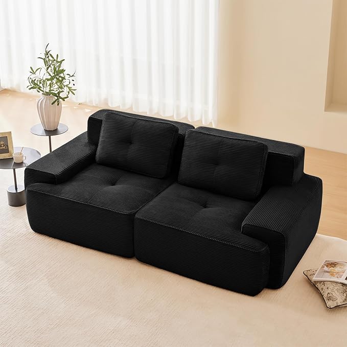 80" Modern Compressed Boneless Love Seat Couches, 2 Seater Large Sectional Couches for Living Room, Black Corduroy Cloud Modular Sectional Sofa, Memory Foam, Extra Deep Loveseat, No Assembly