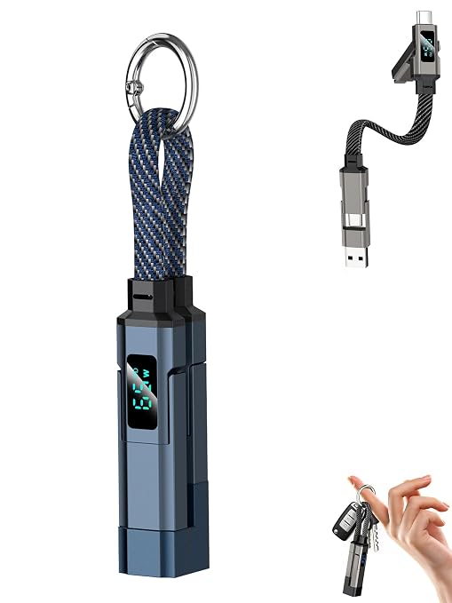 4-in-1 Charging Cable with Digital Display &amp Keychain – Fast-Charging Kink-Resistant &amp Compact Short Multi-Interface Braideds Fast Charging Lanyard Cord for Laptop Phone (Black)