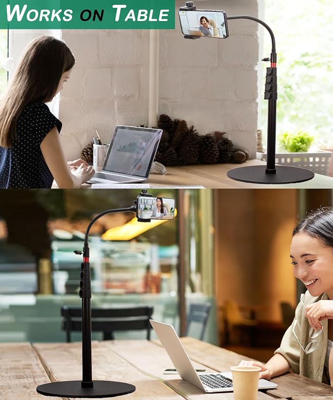 Tall Video Cell Phone Mount with Height Adjustable Stand Heavy Base 360 Head - Compatible with iPhone 16 16 Pro Max 16 Plus 15 14 13