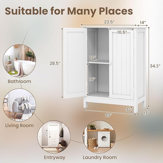 COSTWAY Bathroom Storage Cabinet, Freestanding Bathroom Organizers and Storage with Doors & Adjustable Shelf, Wooden Floor Cabinet for Home, Living Room, Entryway, Kitchen (White)