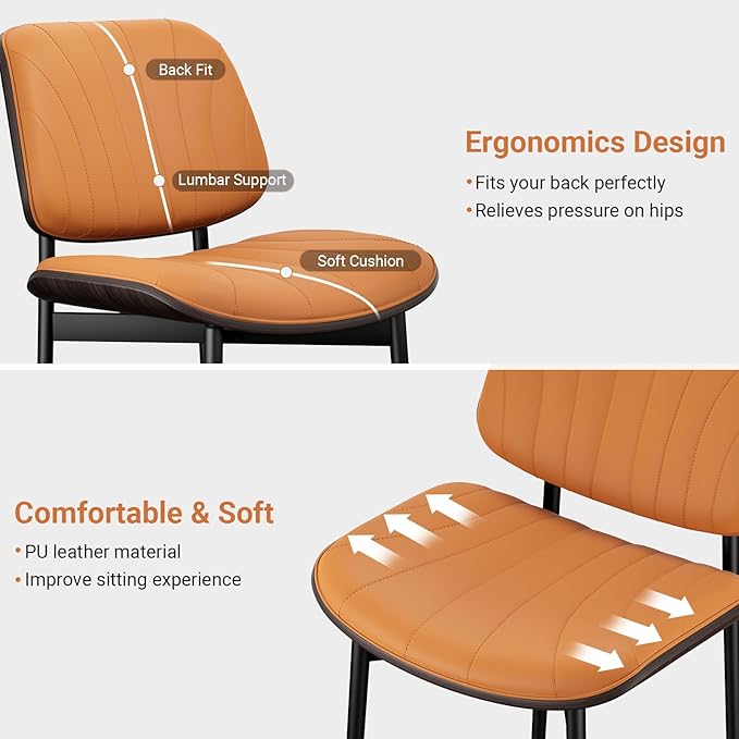 Dining Chairs Set of 4, Mid Century Modern Dining Room and Kitchen Chairs, Upholstered PU Leather Chairs with Walnut Bentwood and Metal Legs, Orange