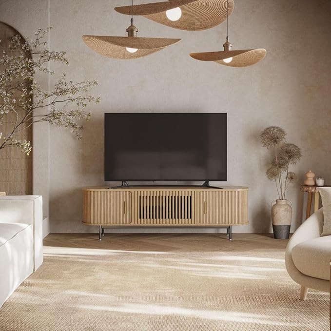 POVISON Fully-Assembled Mid Century Modern TV Stand for 70 inch TV, Sliding Door Entertainment Center with Storage, Wood TV Console, Media Console for Living Room Bedroom(Oak, 70.87")