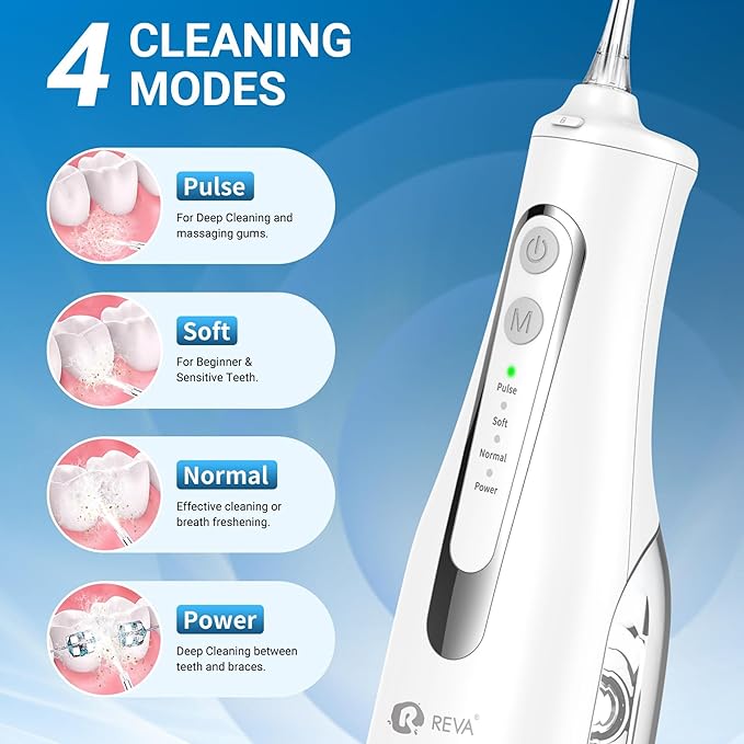 R REVA Cordless Water Flosser for Teeth, Gums & Braces – 4 Modes, 300ML Tank, 360° Nozzle, IPX7 Waterproof, USB Rechargeable 2000mAh Battery for Home & Travel (M149 Pro White)