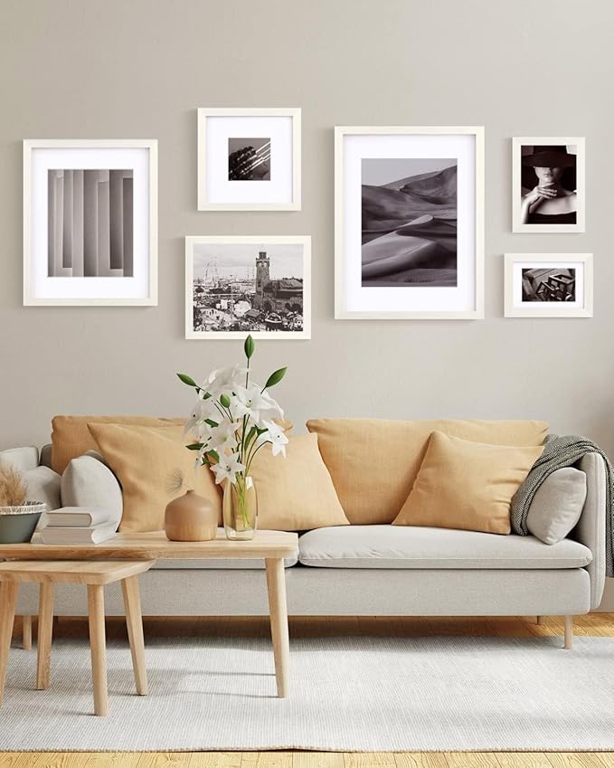Egofine 9x12 Picture Frame Made of Solid Wood with Plexiglass, Display Pictures 5x7/6x8 with Mat or 9x12 Without Mat for Tabletop and Wall Mounting, Beige