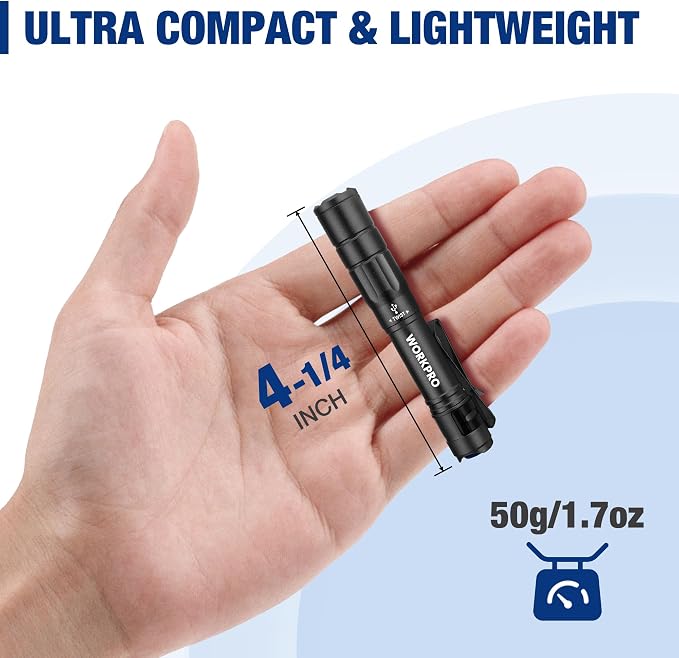 WORKPRO Rechargeable Pen Light 2 Pack Ultra-Compact EDC Flashlight Black | Mini Flashlight Pocket Flashlight with Clip Memory Function and 2 x USB C Cable Included