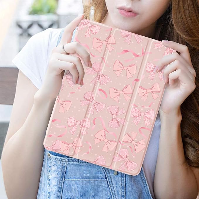 JOYLAND Pink Bow Compatible with iPad 6th/5th Generation (2018 2017 Model 9.7 Inch)iPad Air 2/Air 1 (9.7 Inch) with Pencil Holder-Trifold Stand Protective Cover with Soft TPU BackBlack