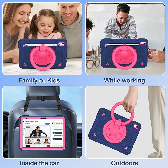for iPad (A16) 11th Generation Case 11 Inch 2025 iPad 10th Generation case 10.9 Inch 2022 Shockproof Case with Screen Protector 360° Rotating Stand Shoulder Strap Pencil Holder Navy+Pink