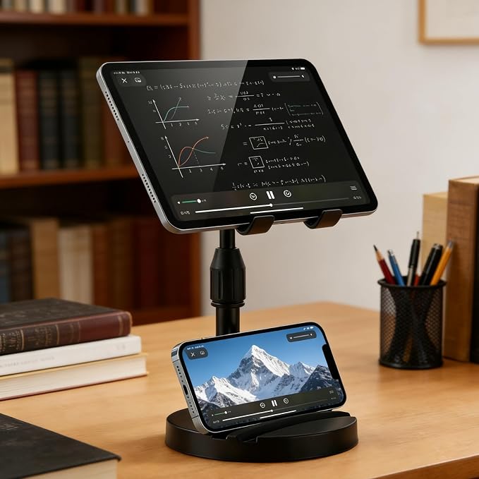 Adjustable Height Phone and Tablet Stand Dual Device Holder with 360° Rotation Sturdy Non-Sturdy Non-Slip Base with Card Slot for Livestream Watching Videos Work Gaming