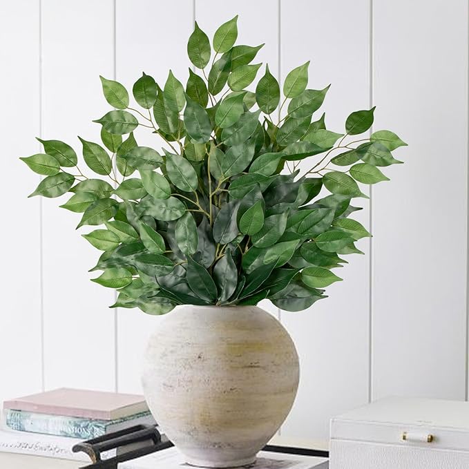 12PCS Ficus Leaves Artificial Branches 24" Faux Ficus Greenery Tree Branches Fake Ficus Leaves Sprays for Tree DIY Arch Wedding Wall Decor - Green
