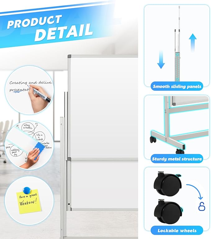 MAKELLO Rolling Whiteboard 60"x48", Large Magnetic Mobile White Board on Wheels, Double-Sided Dry Erase Board for Home Office School, Height Adjustable, 5'x4'