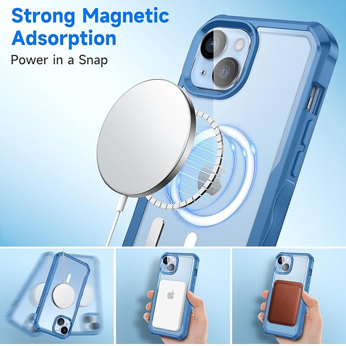 seacosmo for iPhone 14 Case, Full Body Bumper with Built-in 9H Tempered Glass Privacy Screen and Camera Lens Protector, Compatible with MagSafe, Shockproof 14 Phone Case, 6.1", Blue