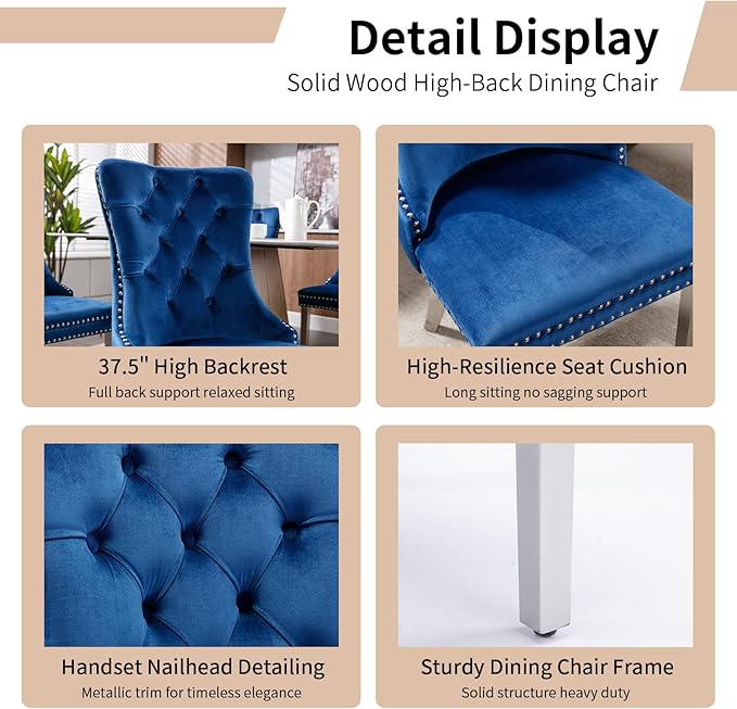 Luxury Upholstered Dining Chairs Set of 6, Blue Kitchen Chair with Silver Metal Legs, Velvet Tufted Back Dining Chair, Sillas de Comedor, Modern Kitchen & Dining Room Chairs (Blue, 6 Pcs)