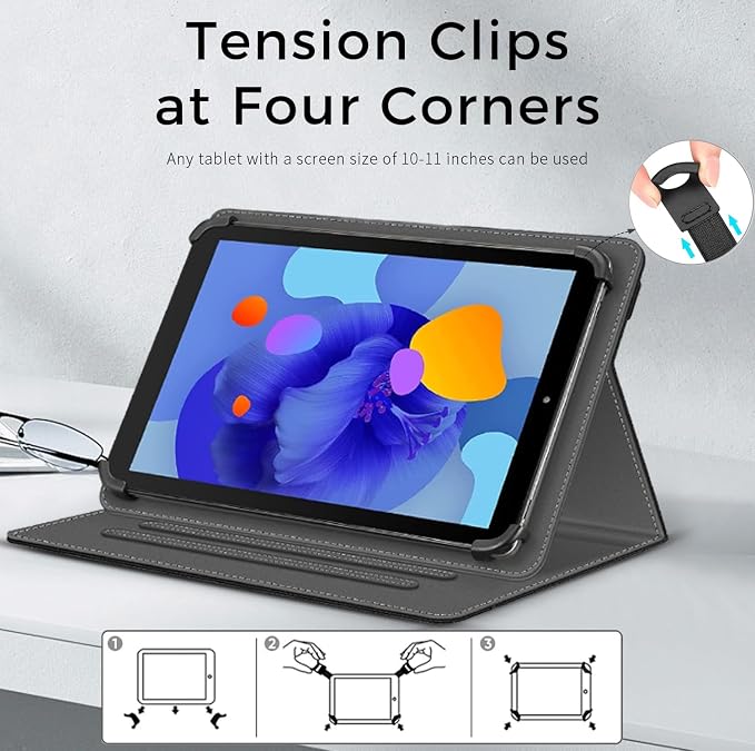 Junfire Universal 10.1 Inch Tablet Cover with Stylus Holder-Grey | Leather Folio Cover for Android/iOS/Windows Stand Hand Strap Pocket