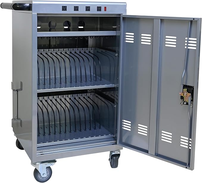 35 Device Charging Cart for Laptops and Tablets Up to 16.3-inch, Mobile Charging Station with AC Outlets, Secure Storage and Cable Management, Mobile Charging Cabinet for Ipads, Chromebooks, Silver