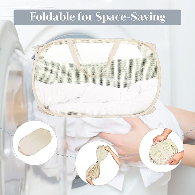 4 Pack Collapsible Laundry Baskets, Foldable Laundry Basket with Pocket, Durable Mesh Pop Up Hampers, Reinforced Handles Dirty Clothes Hamper for Laundry, Bedroom, Bathroom, Dorm, Travel or Camping