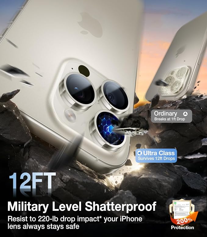 UltraGlass for iPhone 16 Pro Max/16 Pro Camera Lens Protector [NO.1 Military Grade Shatterproof] iPhone 16 Pro Max Camera Protector 16 Pro Lens Cover [Longest Durable] Easy Install Black Titanium