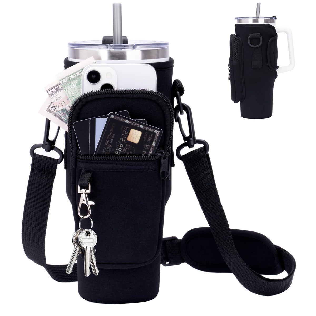 Toptime Water Bottle Carrier Bag with Phone Pocket for Stanley Cup 40 oz, Water Bottle Holder with Adjustable Shoulder Strap, Neoprene Stanley Cup Accessories for Hiking Travelling Camping (Black)