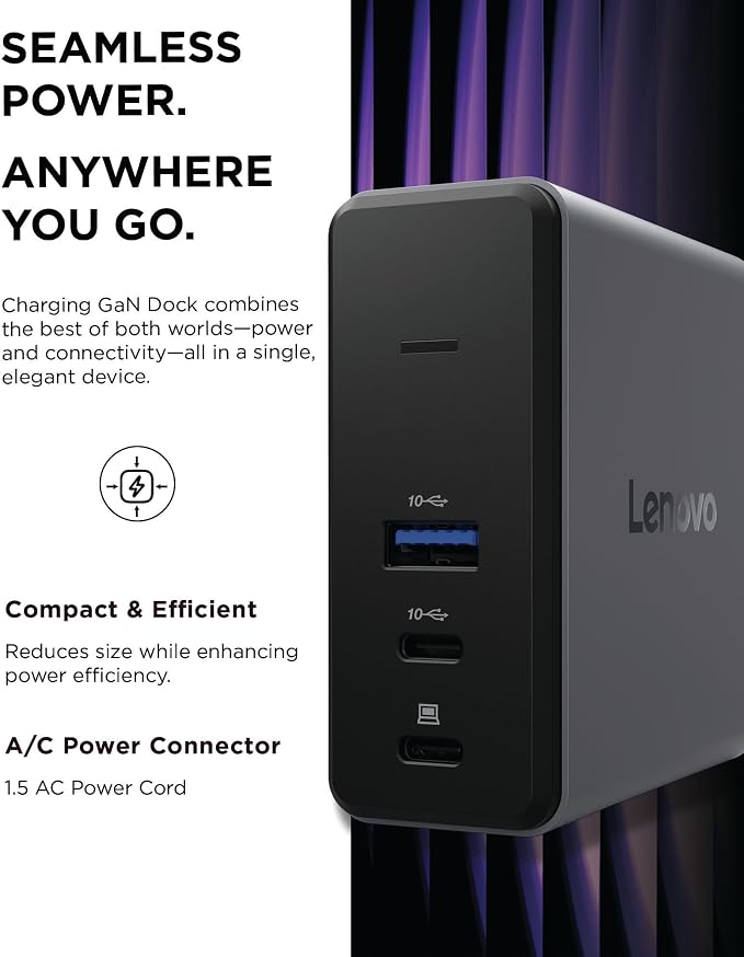 Lenovo USB-C Slim Travel Dock 8 Ports Up to 65W PD Pass Through Integrated USB-C Cable 4K Display Support Black