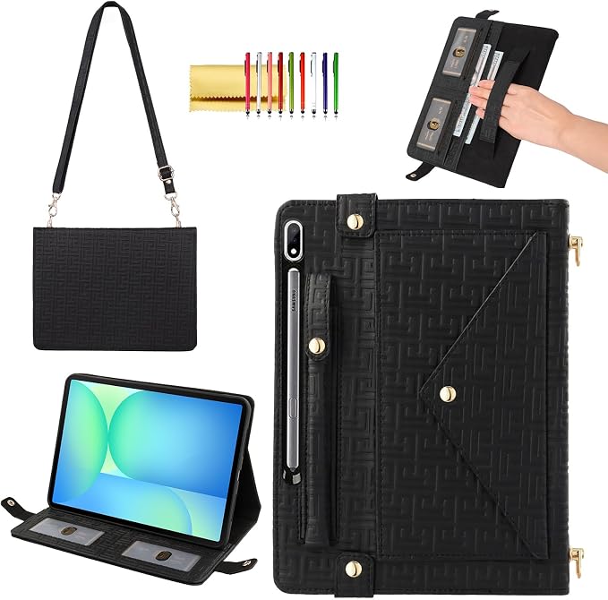 Handbag Case for Samsung Galaxy Tab S10 FE/S9 FE 10.9/S9/S8/S7 11 Techcircle Folio Stand Crossbody Wallet Protective Cover with S Pen Holder &amp Card Slots Hand Strap &amp Shoulder Strap Black