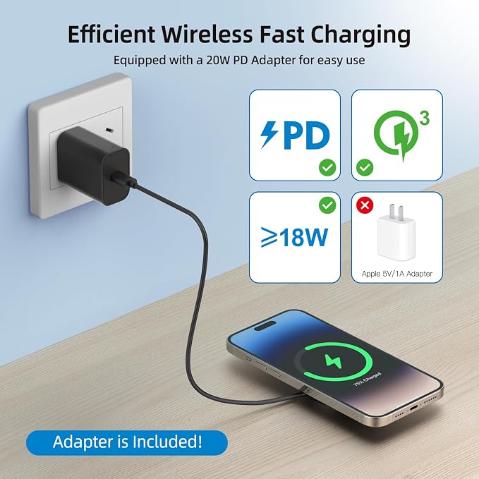 Wireless Charger 6.5ft / 2m 15W Max Fast Magnetic Wireless Charging Pad Compatible with iPhone 16/15/14/13/12 with USB-A Converter Black