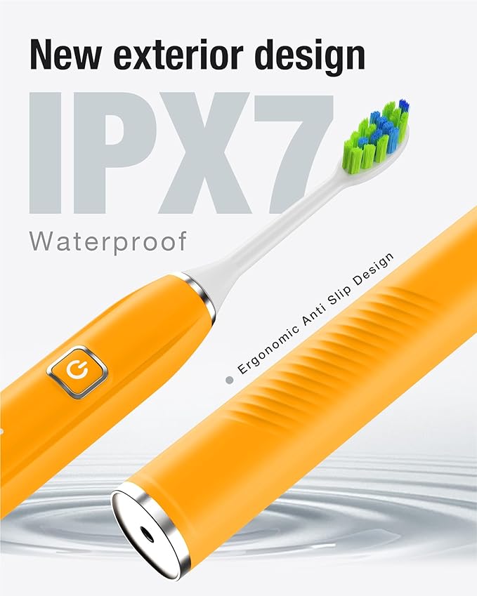 7AM2M Sonic Electric Toothbrush with 6 Brush Heads for Adults&Kids, One Charge for 120 Days, Wireless Fast Charge, 5 Modes, 40000VPM Powered Toothbrush, 2 Minutes Built in Smart Timer - Orange
