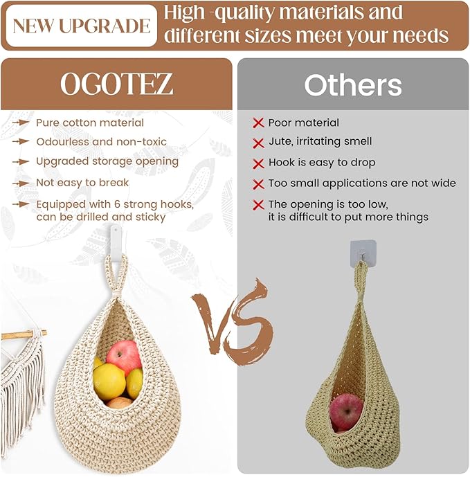 Hanging Fruit Baskets for Kitchen - 3 Pack Boho Wall Hanging Basket with 6 Pcs Strong Hooks, Handwoven Onion Storage Teardrop Home Onion Basket for Fruits Vegetable Potato Kitchen Storage (White)