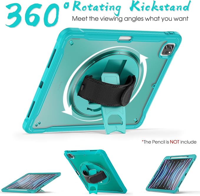 BRAECNstock Full-Body Case for iPad Air 13/Pro 12.9(3-6th)Khaki | Drop-Proof Case with Pencil Holder &amp Screen Protector | 360° Stand for Hands-Free Travel Strap | DIY-Friendly Frosted Back