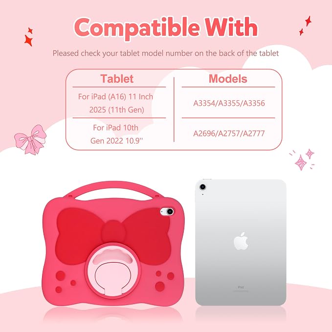 VOFUOE for iPad A16 Case Kids iPad 11th/10th Generation Case 11 Inch 2025 | Cute Bow Soft Silicone iPad 10th Cover 10.9 Inch 2022 for Girls Built-in Handle Rotatable Stand Pencil Holder-Pink Purple