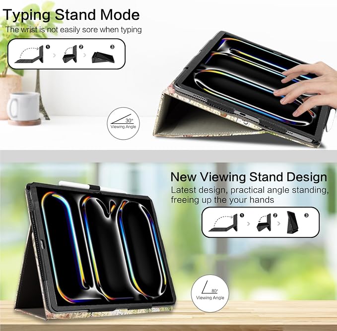 Vimorco for iPad Pro 11-inch Case M5/M4 2025/2024 for iPad Pro Case 11 Inch M5/M4 Pencil Holder/Hand Strap/Pocket/Screen Protection Band 3 Adjustable Angles Auto Sleep/Wake Beach Blue Ocean