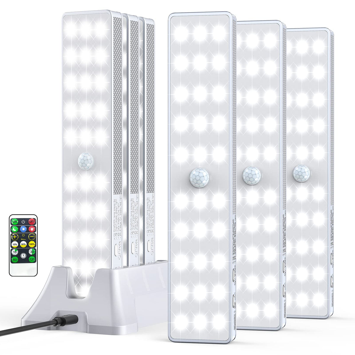 LED Closet Light with Charging Station, 6 Pcs 30LEDs Dimmer Rechargeable Motion Sensor Under Cabinet Lighting with Remote Control, Wireless Stick-Anywhere Night Light for Wardrobe,Kitchen