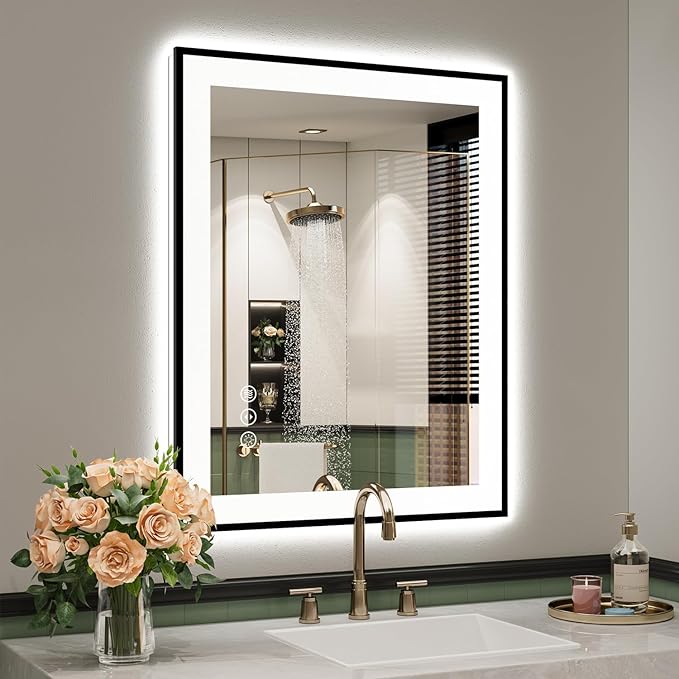 YEELAIT 24x30 Inch LED Bathroom Mirror with Lights (Front Lit and Backlit) Black Framed Lighted Vanity Mirror for Bathroom Wall Dimmable Anti-Fog Memory Tempered Glass Horizontal/Vertical