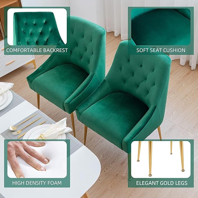 Modern Dining Chairs Set of 4, Mid Century With 5.12" Cushions and Golden Legs, Velvet Upholstered With Back Pull Rod, for Kitchen, Living Room (Green)
