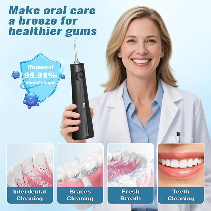 AUIEI Water Flosser Pick for Teeth & Braces, 300ML Cordless Power Dental Flossers with 8 Jet Tips, Oral Irrigator 5 Pressure, IPX7 Waterproof, Portable for Home Travel