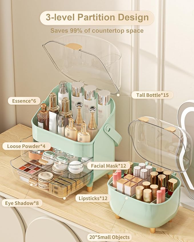 Makeup Organizer with Lipstick Holder, Skincare Organizers Storage Box Cosmetic Display Cases, Teen Girl Gifts Make up Organizers for Vanity, Dresser, Countertop, Bathroom(Green)