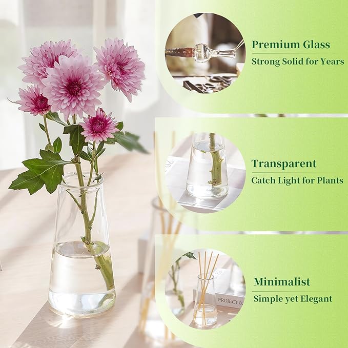 Hewory Glass Bud Vases for Centerpieces: Small Clear Modern Flower Vase Set of 12, Minimalist Cute Mini Decorative Bulk Vases for Wedding Birthday Bridal Shower Party Events Dining Room Table Decor