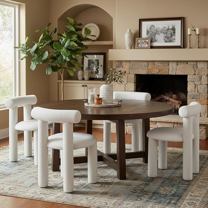 DUOMAY Modern White Boucle Dining Chairs Set of 6, Sherpa Upholstered Kitchen Chairs Armless Barrel Back Dining Chair, Living Dining Room Chairs, Reception, White