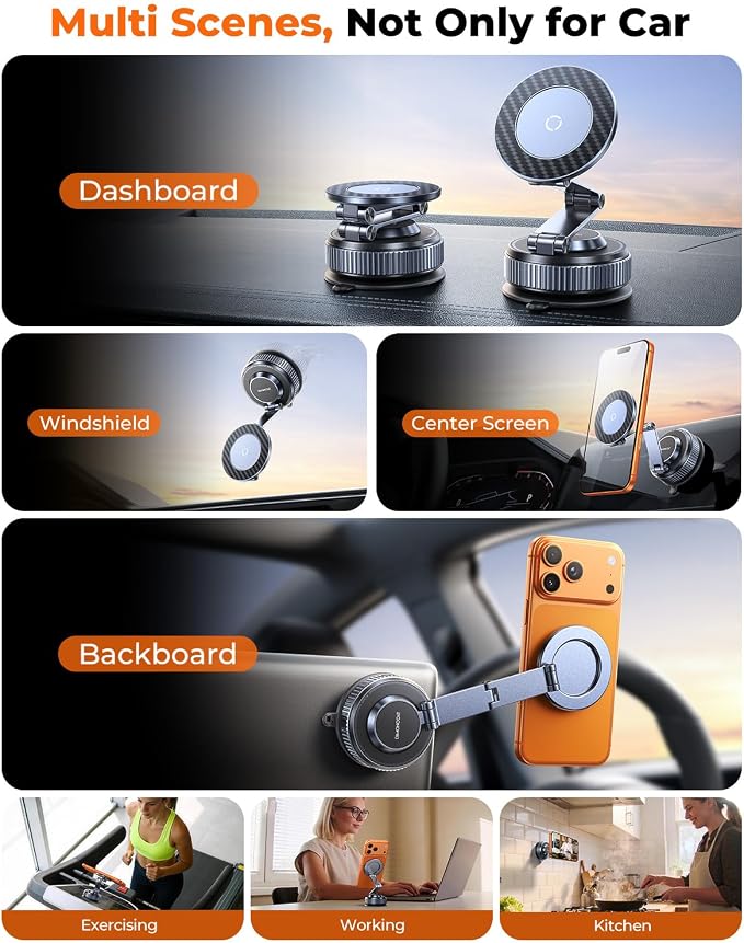 Vacuum Magnetic Car Phone Holder for Magsafe，Long Arm for Tesla Model Y/3 | All Metal，Nano Gel 119+LBS Max Suction，Foldable Hidden Tesla Phone Mount，360°Rotation，Easiest Car Mount for iPhone &amp And