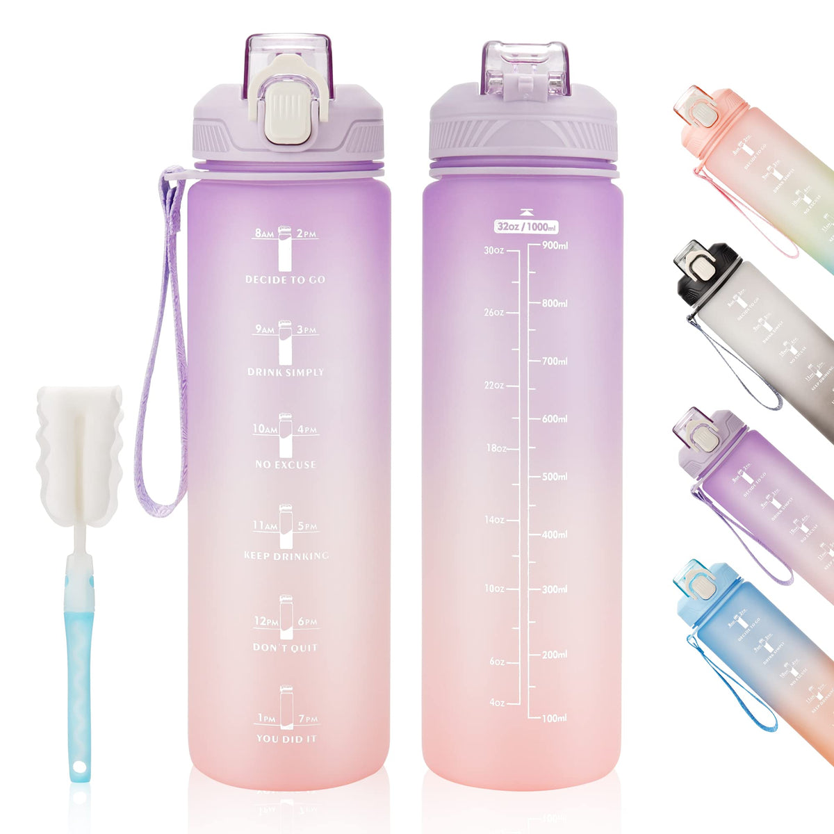 YC Kitchen 32oz Motivational Water Bottle with Straw & Carrying Strap